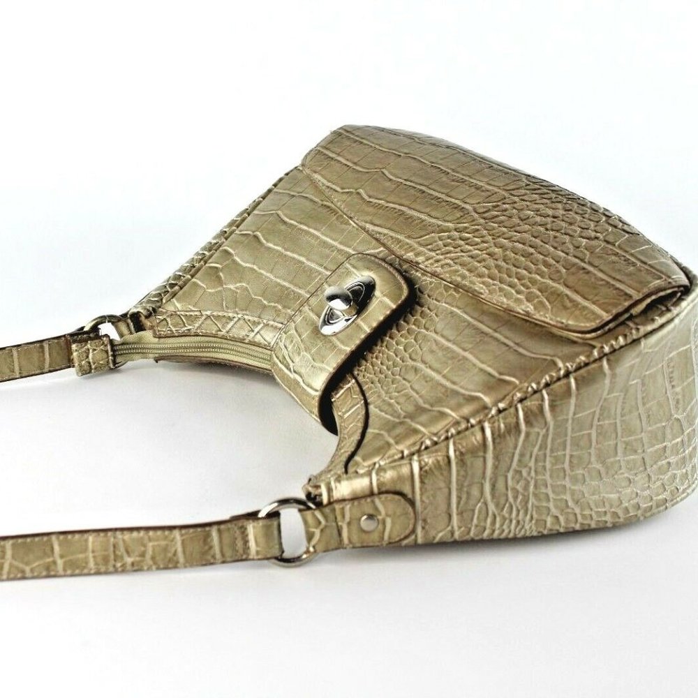 Gold Bronze Faux Leather Croc Embossed Handbag/ Shoulder Purse Magnetic Closure